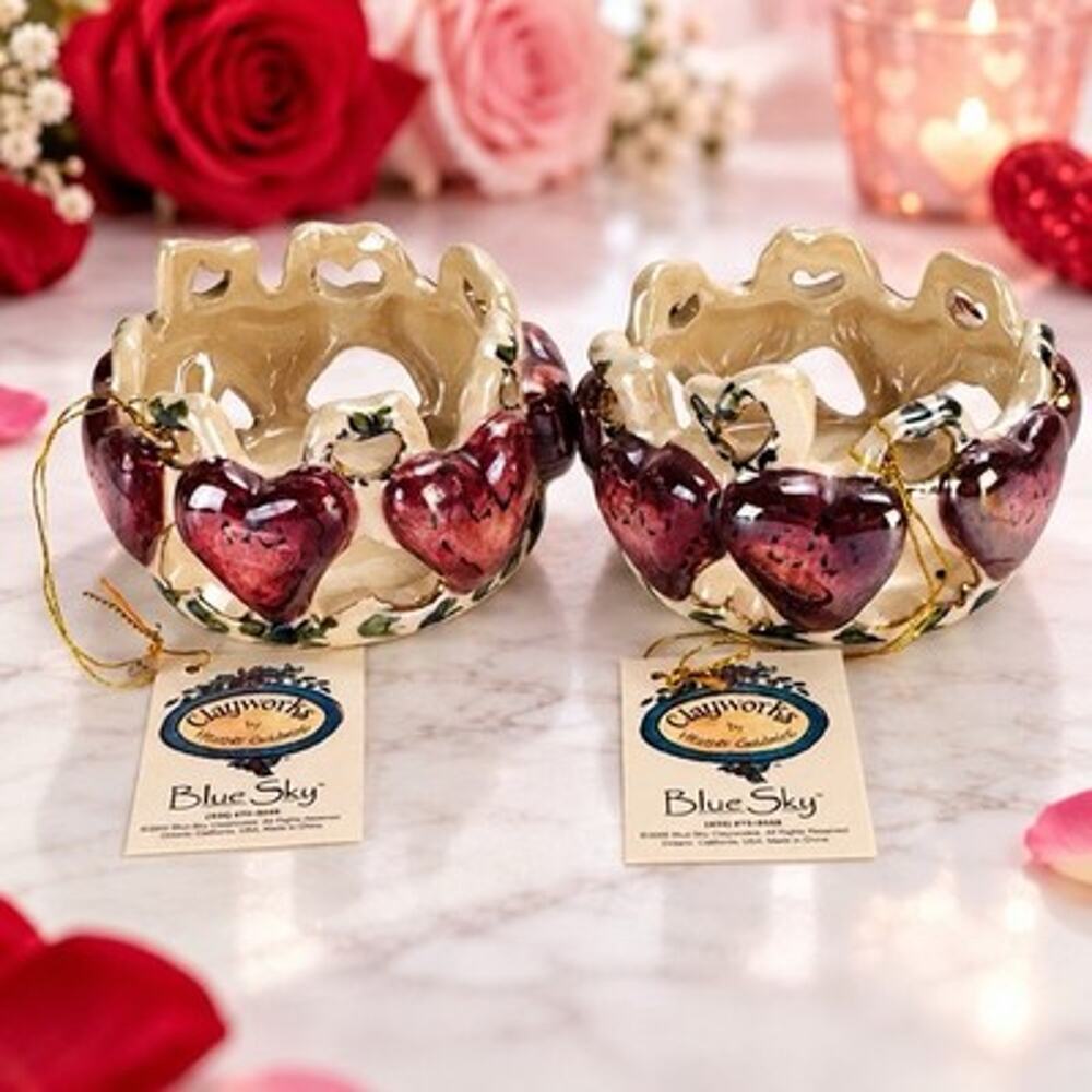 Blue Sky Clayworks Heather Goldminc Heart Candle Holders Set 2 2000 Votive